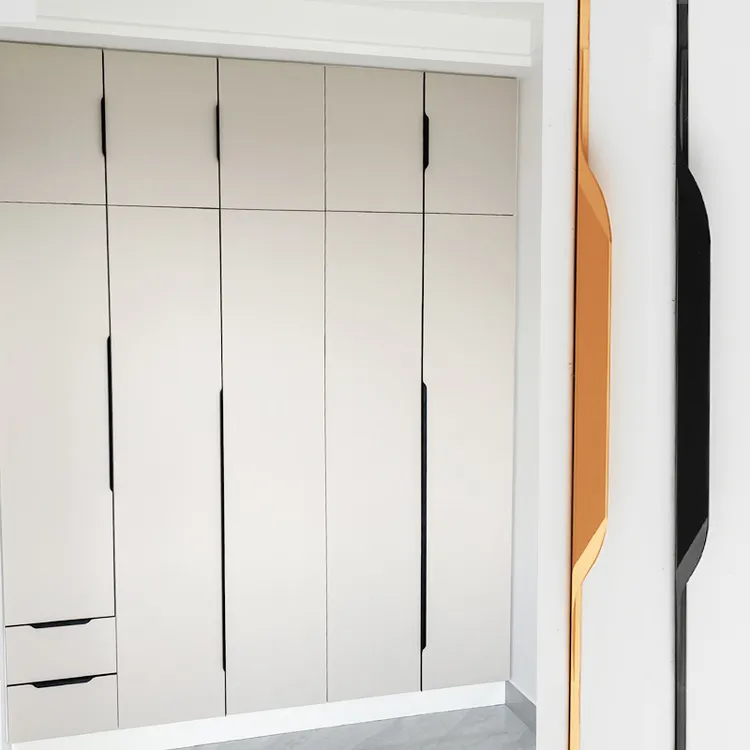 抽屉隐形铝合金黑色拇指免开槽橱柜封边衣柜门免打孔加长拉手新款