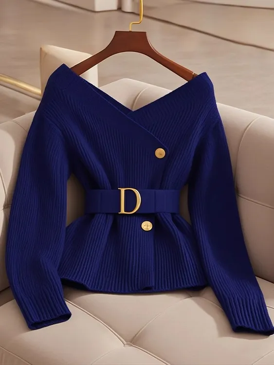 冬季洋气上衣独特别致小众高级感超好看韩系慵懒风蓝色针织开衫女