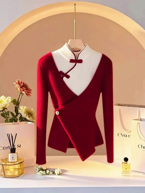 新中式国风红色假两件针织衫上衣秋季女装2024新款唐装年轻款小衫