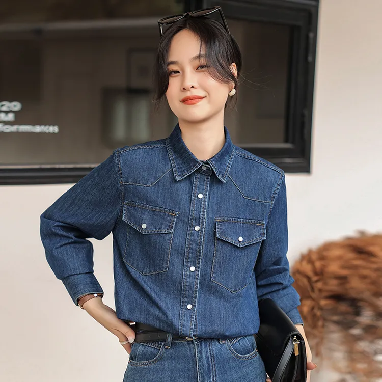 深蓝色牛仔衬衫女内搭叠穿春秋2024新款小个子上衣成熟御姐软外套