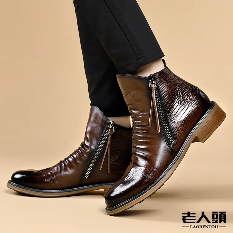 老人头高端轻奢男鞋切尔西短靴时尚休闲真皮百搭复古英伦风潮流