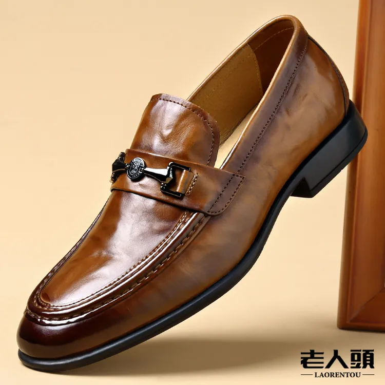 老人头高端轻奢男士商务休闲皮鞋夏季透气真皮时尚百搭潮流乐福鞋