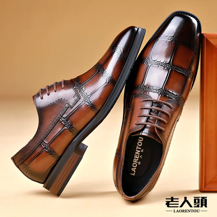 老人头高档男鞋英伦风商务正装皮鞋男鳄鱼纹真皮透气婚庆鞋男格子