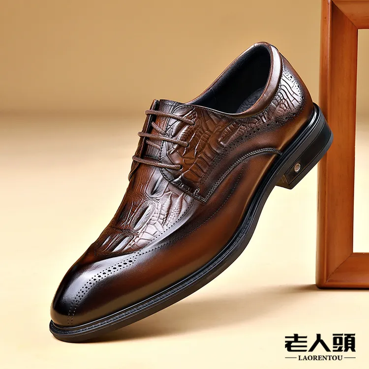 老人头高端轻奢男士商务正装皮鞋冬季加绒棉保暖真皮布洛克英伦风