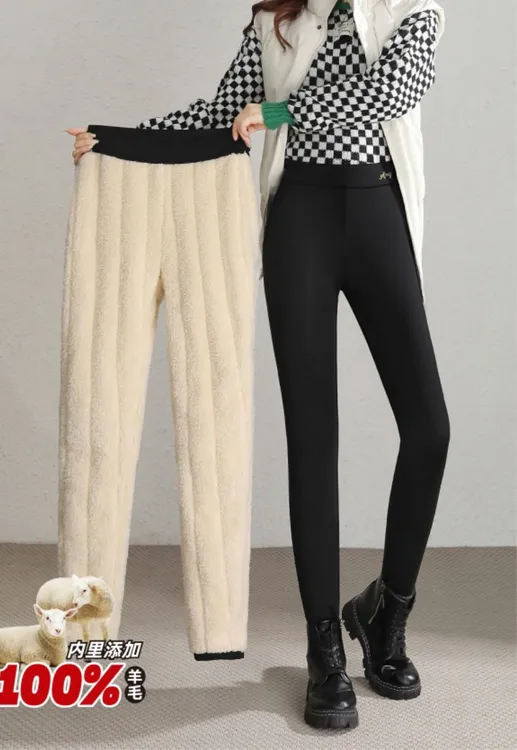 新款冬季加厚羊毛三防女士外穿小黑裤高腰修身显瘦大码休闲过冬裤