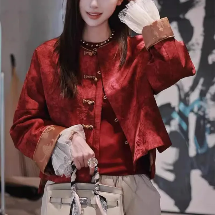 新中式国风红色盘扣加厚短款外套女高级感独特超好看显瘦气质上衣