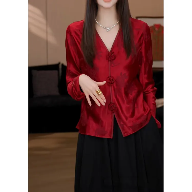 新中式国风女装唐装花朵上衣2024秋冬新款高级感复古新年红色衬衫