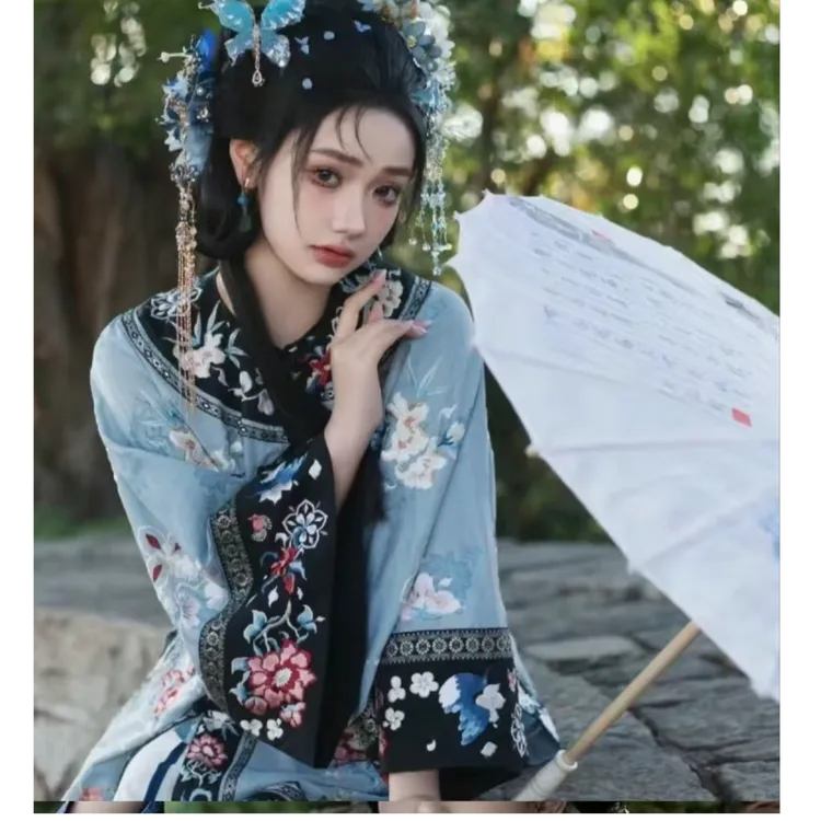 开衫 格格服旗装清朝晚清汉服清汉女对襟印花上衣复古风表演服