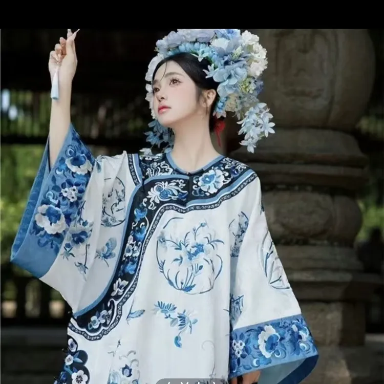 斜襟 格格服旗装清朝晚清汉服清汉女青花瓷印花上衣复古表演服