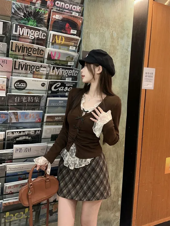 秋冬新款女装上衣设计感小众蝴蝶结开衫蕾丝内搭超好看显瘦小衫女