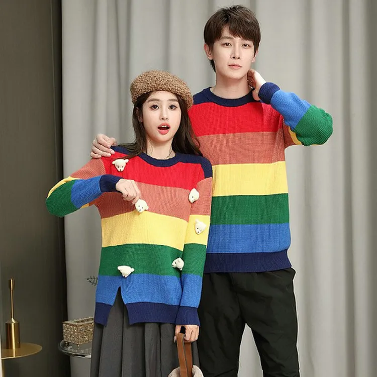 韩版情侣装毛衣2025新款上衣立体小熊甜条纹针织衫品牌秋冬装高级