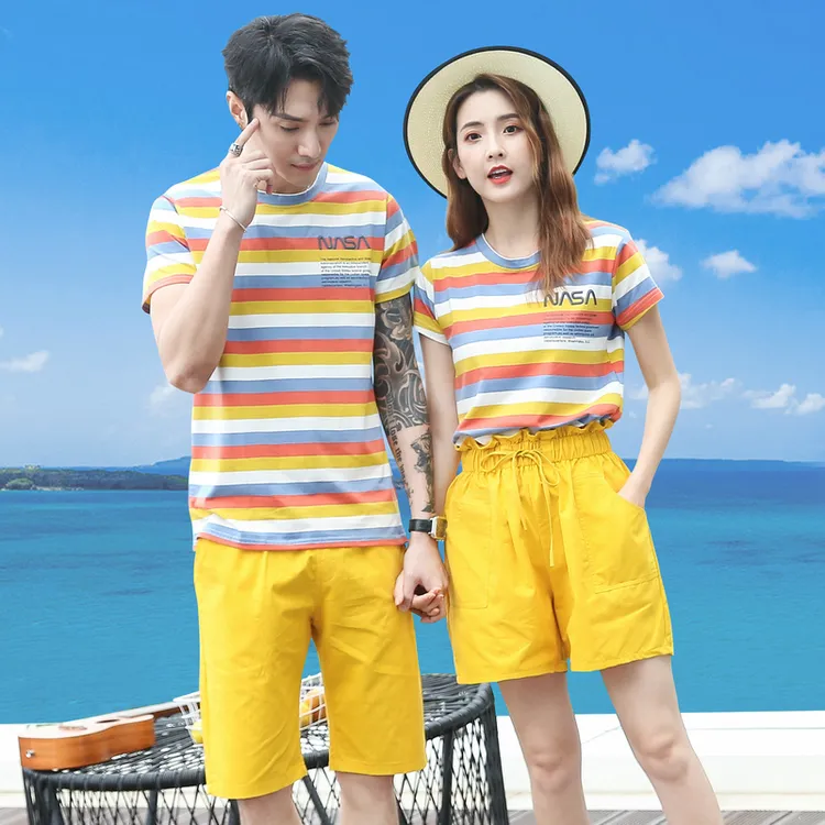 不一样的情侣装夏装小清新女小个子衣服三亚男女休闲运动套装条纹