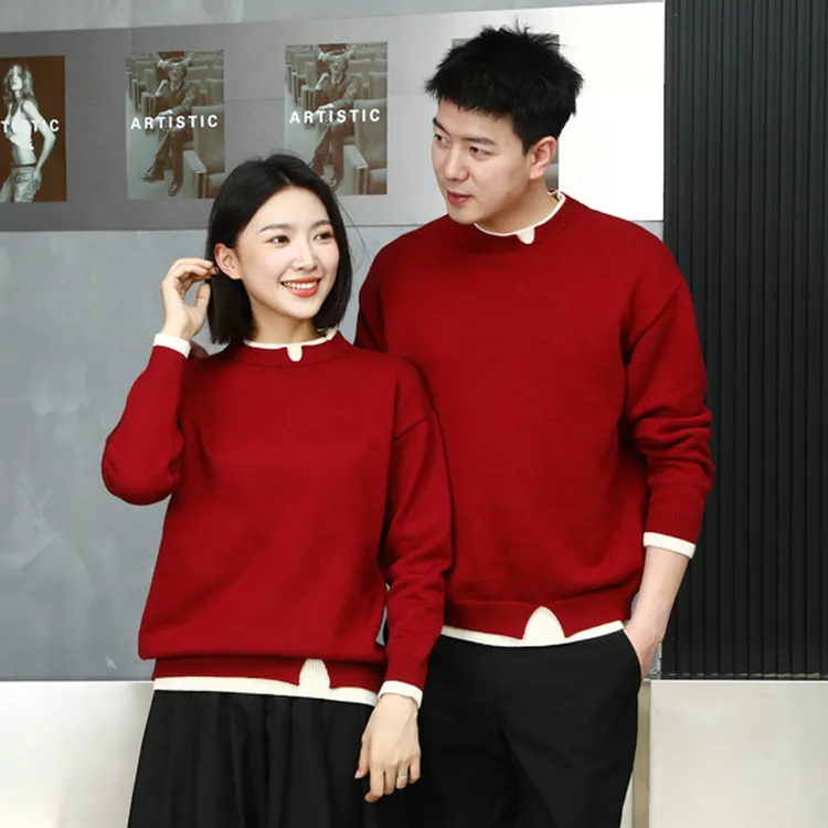 冬季情侣毛衣男女款宽松慵懒风上衣喜庆假两件针织衫圆领保暖衣服