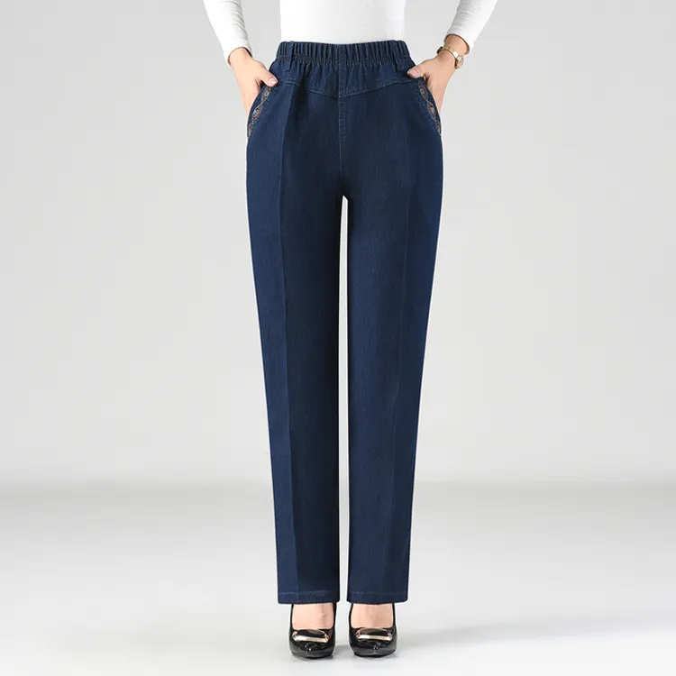 秋冬中老年人直筒高腰刺绣牛仔裤女妈妈装加绒大码宽松休闲长裤子