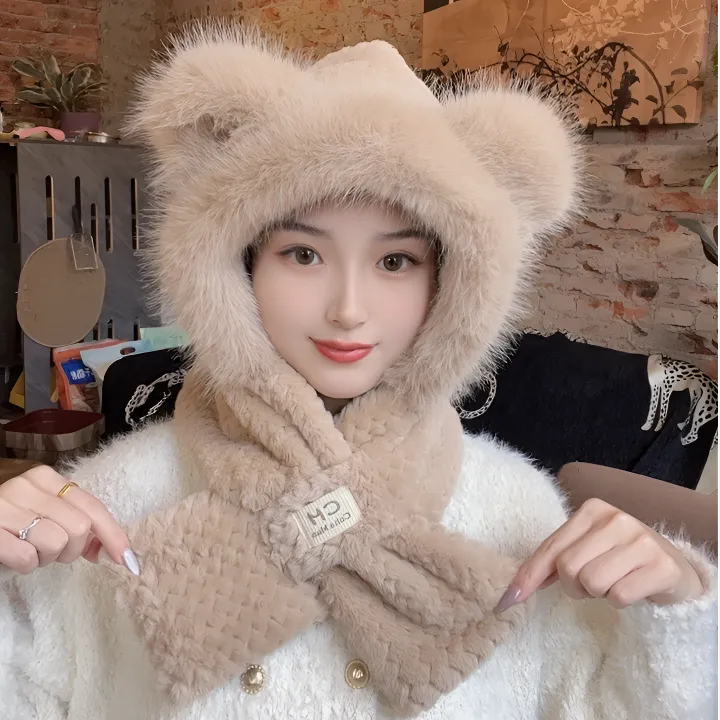 毛绒帽子围巾一体冬季保暖雷锋帽子女鹿角户外骑车滑雪加厚两件套
