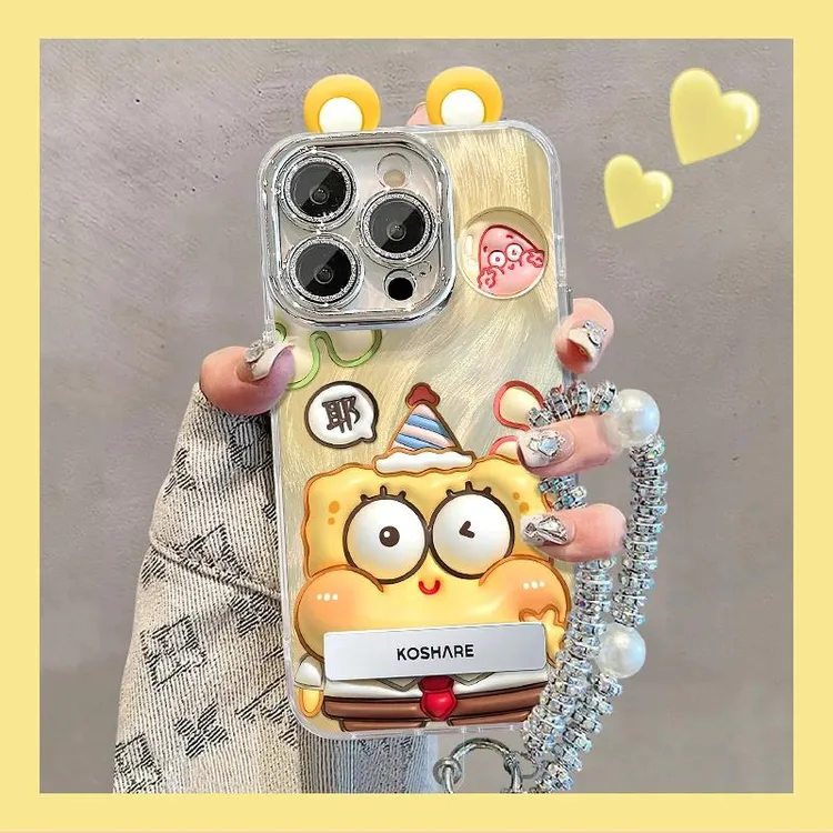 适用苹果16promax华为vivooppo小米14海绵宝宝精孔羽纱支架手机壳