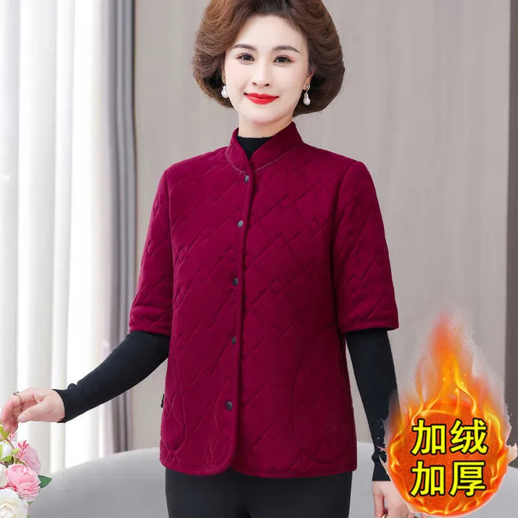 秋冬妈妈装加绒德绒中袖棉衣中老年女士加厚保暖马甲半袖棉袄外套