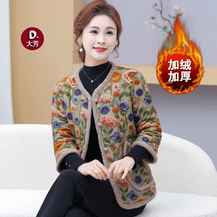 毛毛边V领七分袖棉衣气质妈妈装加绒加厚保暖棉袄中老年秋冬外套