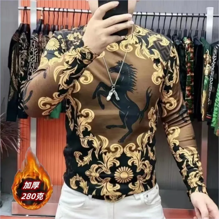 男士t恤长袖2025秋冬款时尚百搭印花高端加厚保暖休闲打底T恤上衣