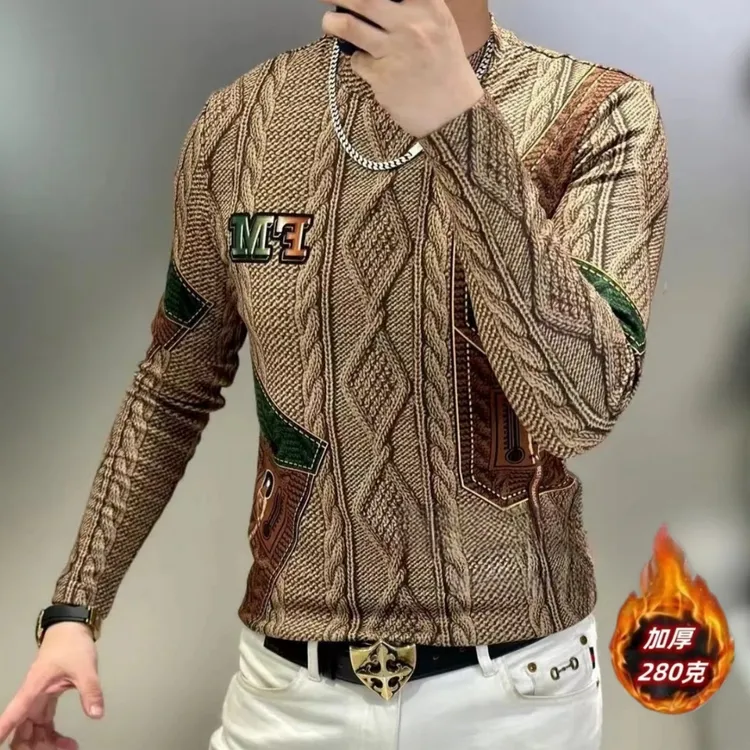 加厚款】德绒男士长袖T恤卫衣印花轻奢高端潮流时尚修身个性打底衫