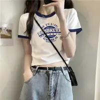 XVRV夏季2025新款复古短袖t恤女显瘦小众撞色设计感拼接上衣短款