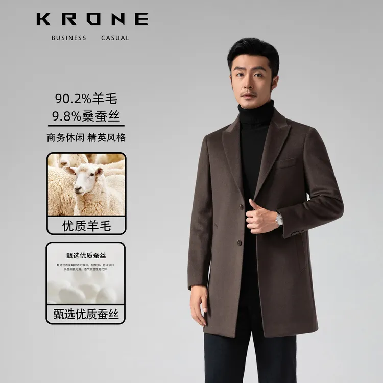 KRONE STONE【桑蚕丝系列】高定款大衣男戗驳领秋季羊毛毛领外套