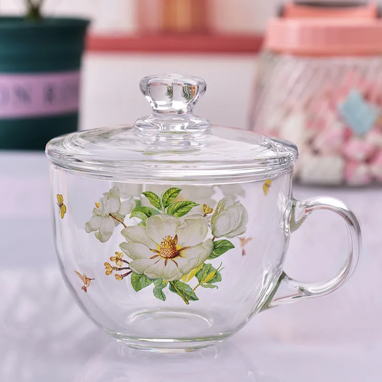 韩国家用耐热玻璃杯茶杯泡茶杯早餐玻璃杯煲花茶杯牛奶带把手杯