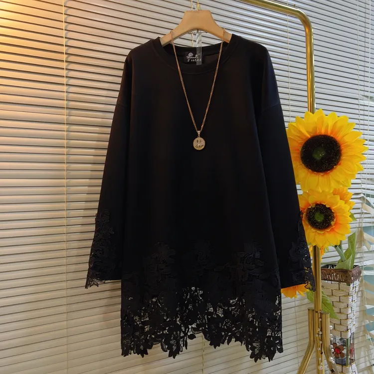 YDD秋冬新款蕾丝花边拼接休闲纯色卫衣裙