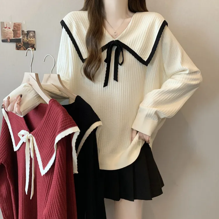 胖MM大码娃娃领撞色针织衫宽松显瘦毛衣