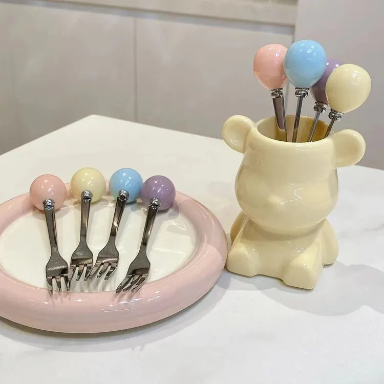 ins风轻奢水果叉子家用可爱收纳餐具甜品创意潮流小熊叉罐子学生