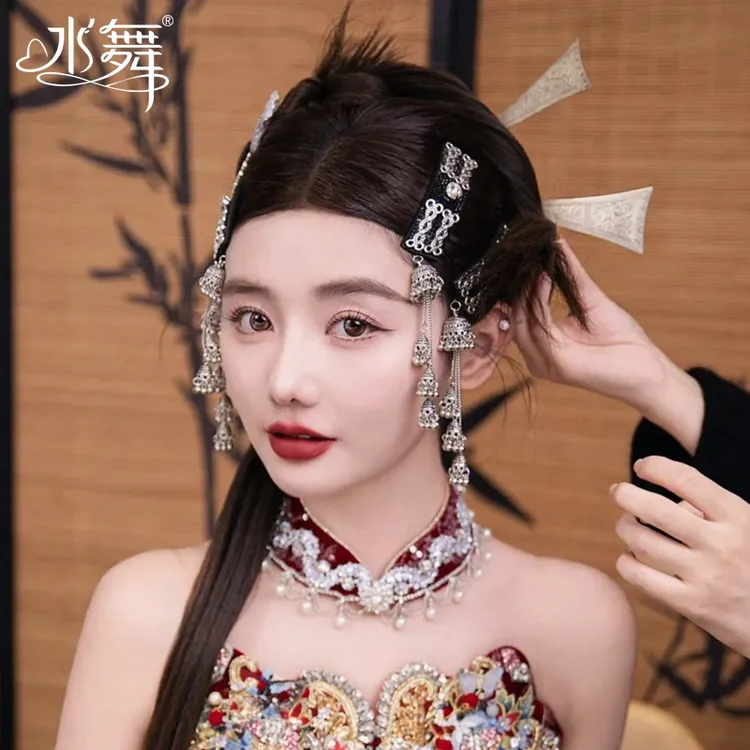 水舞B2950中式名族风手工气质银色流苏边夹蒙古族铃铛古典发饰