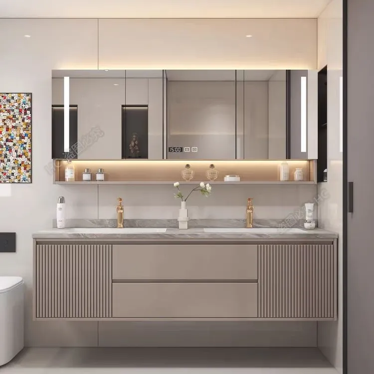2024现代轻奢橡木烤漆浴室柜岩板无缝一体盆卫生间洗手台洗漱盆柜