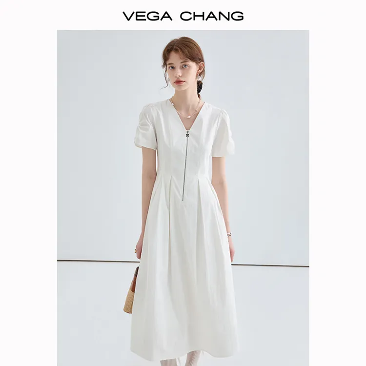 VEGA CHANG连衣裙女2025夏季新款 收腰白法式韩系显瘦长裙1141ZZ