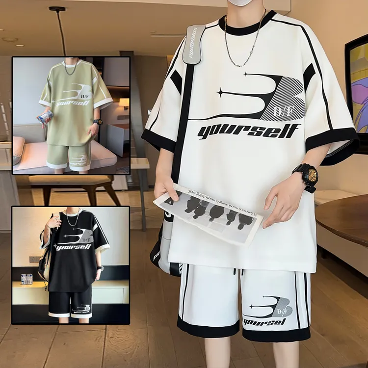 夏季新款青少年中学生男15圆领上衣宽松潮流套装短裤短袖大童16岁