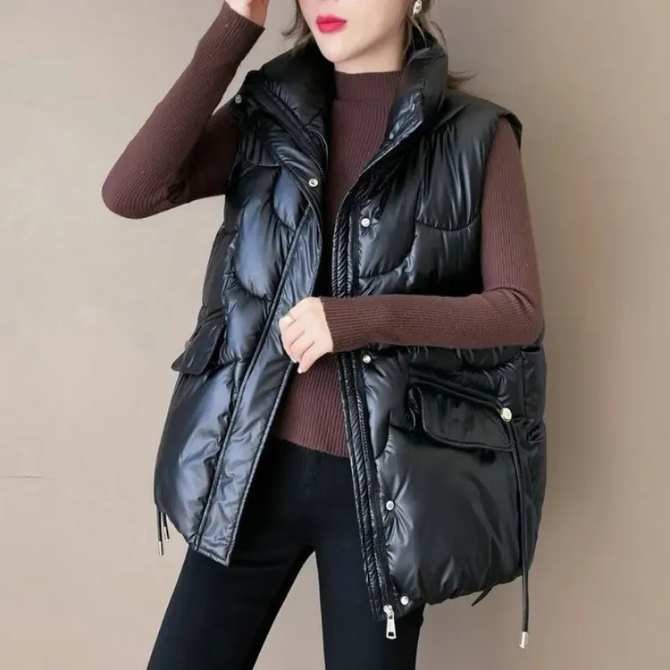 精选正品宽松亮面免洗棉马甲女加厚百搭大口袋马夹外套背心韩版