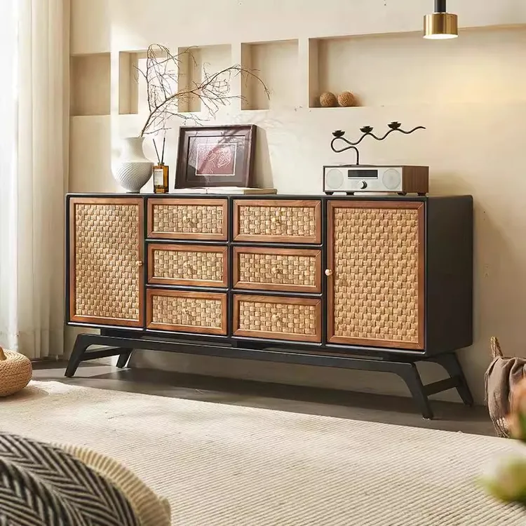 中古侘寂风实木北欧风简约收纳储物柜餐边柜手工编藤玄关柜收纳柜