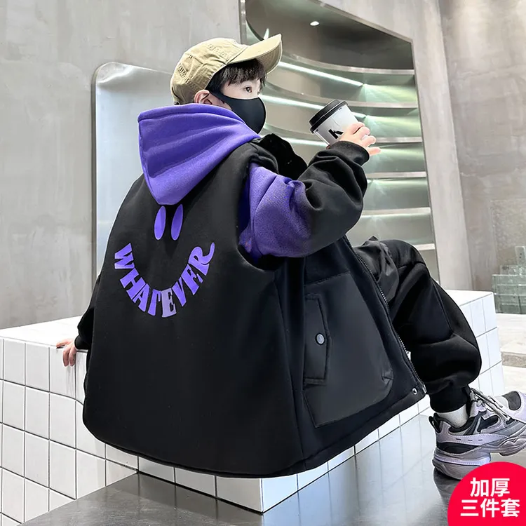 男童秋冬装套装2025新款6-12岁中大童洋气加绒加厚卫衣马甲三件套
