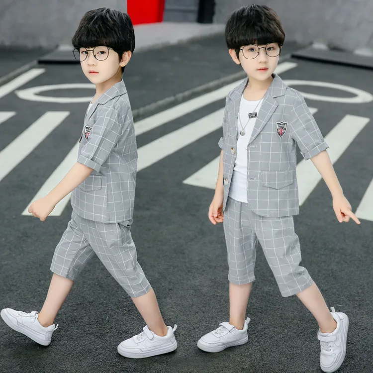 男童夏季小西装三件套6-12岁中大童洋气休闲礼服儿童短袖套装韩版