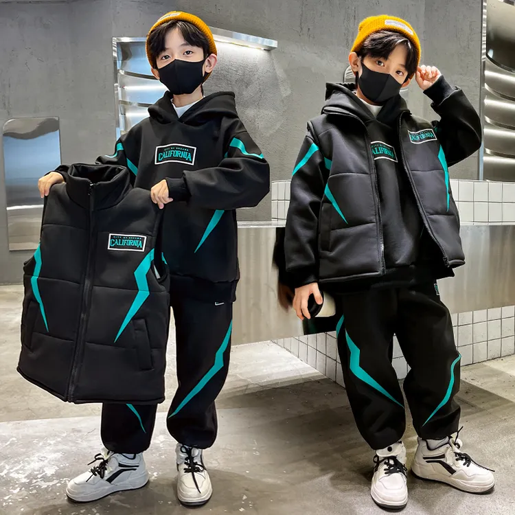 男童加厚马甲三件套2024年新款冬季中大童洋气儿童加绒套装冬款潮