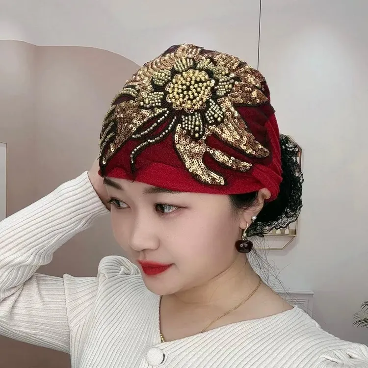 秋冬新款太阳花超柔针织包头帽洋气妈妈头巾发带帽遮白发时尚帽子
