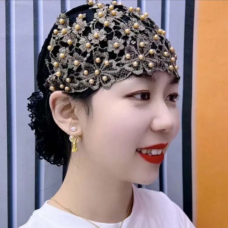 2024夏季蕾丝盘花帽子重工钉珠民族风洋气薄款妈妈帽百搭头巾气质