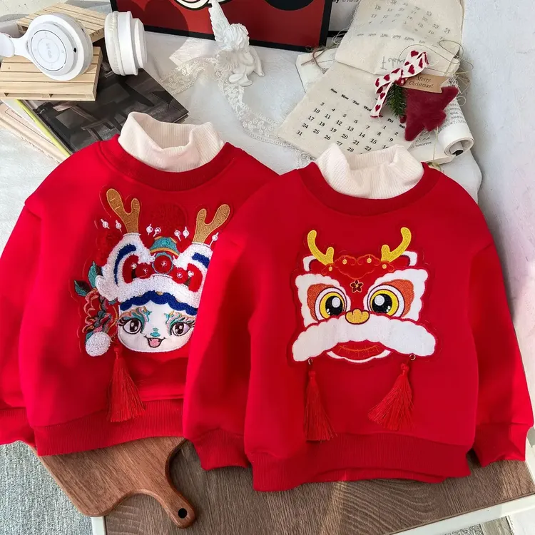 儿童拜年服加绒加厚卫衣男女童刺绣红色龙年上衣宝宝高龄国潮衣服
