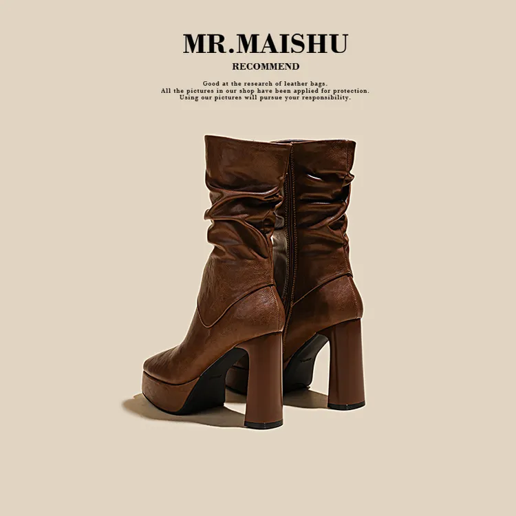 时尚超高跟厚底短靴女2024新款秋冬加绒褶皱粗跟洋气马丁靴X18058