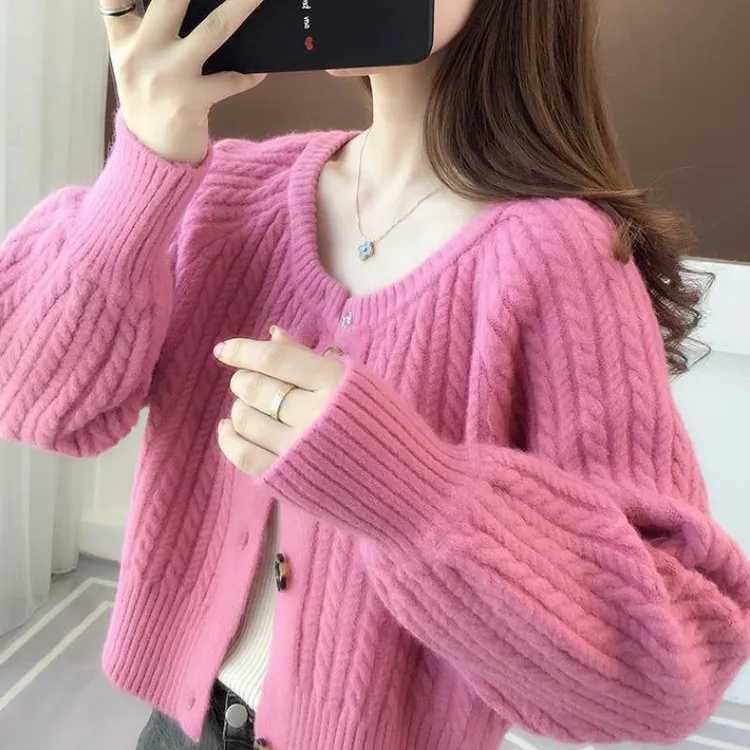 麻花针织2023春秋新款设计感茧型韩式慵懒风针织毛衣开衫小外搭