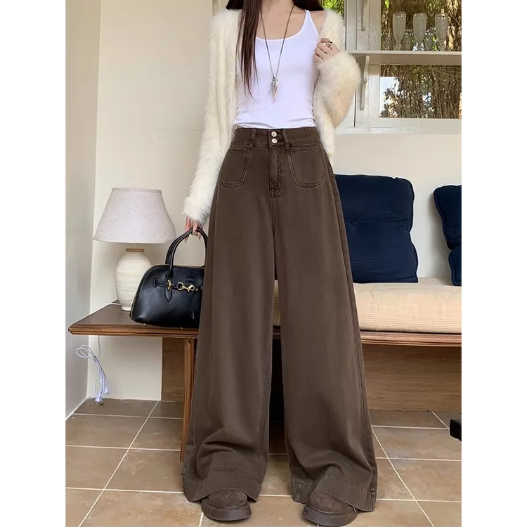 【现货+运费险】大码女阔腿牛仔裤秋季高腰显瘦咖啡色宽松直筒裤