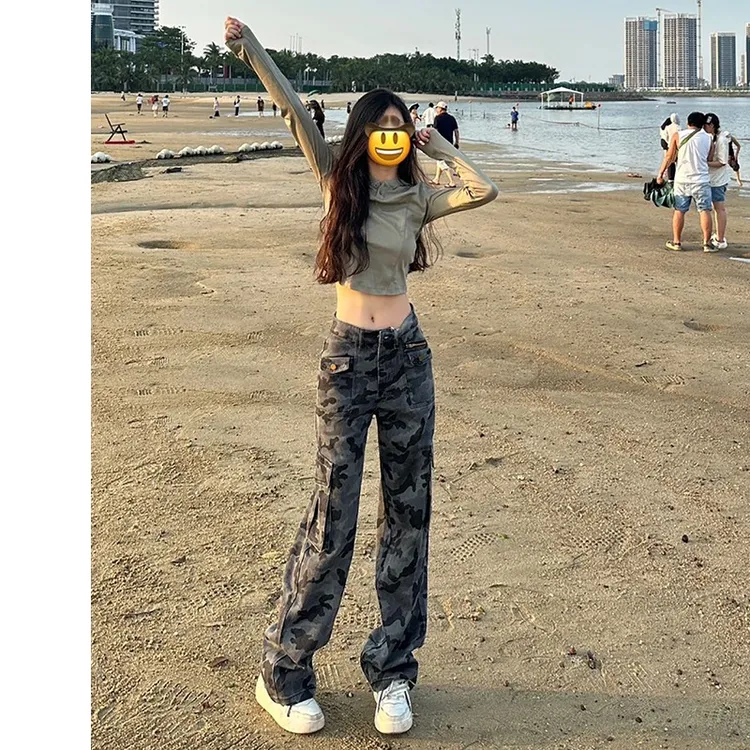 175高个子加长迷彩工装裤女辣妹高街秋季高腰宽松显瘦阔腿拖地裤