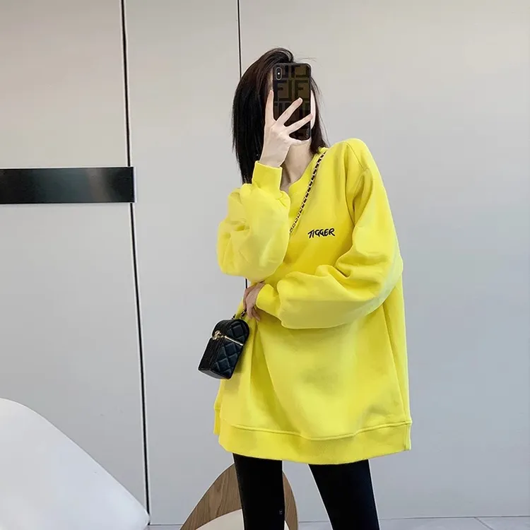 黄色加绒卫衣女秋冬款2024新款爆款宽松大版洋气独特小众简约外套