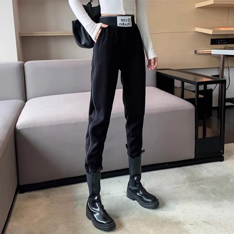 黑色加绒运动裤子女秋冬季加厚2024新款爆款高腰休闲裤束脚卫裤