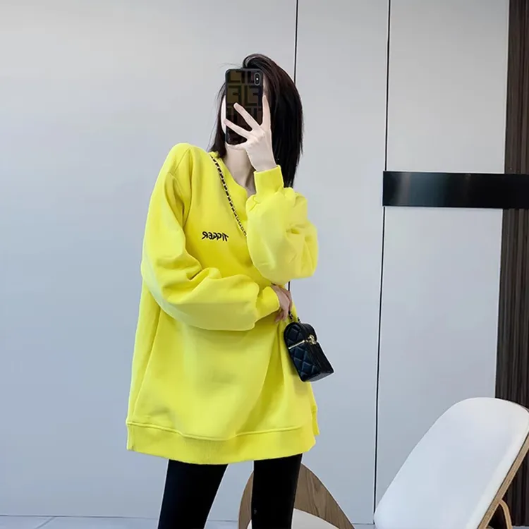黄色加绒卫衣女秋冬季2025新款宽松显瘦巨好看简约潮牌无帽外套
