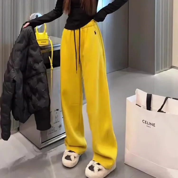黄色加绒加厚运动裤女款爆款2025新款宽松简约保暖香蕉阔腿裤卫裤